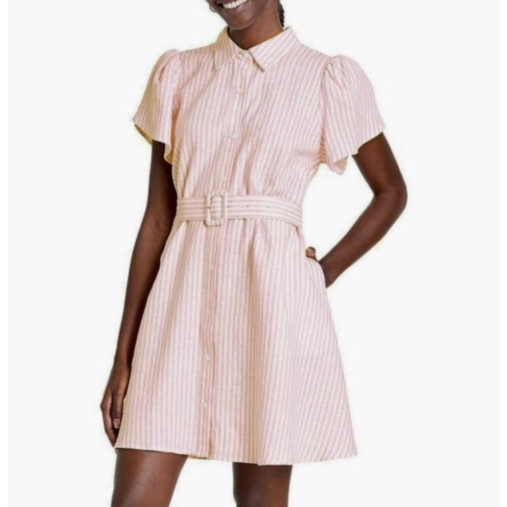 Alexis Striped Tulip Sleeve Shirtdress Pink Womens Size Large